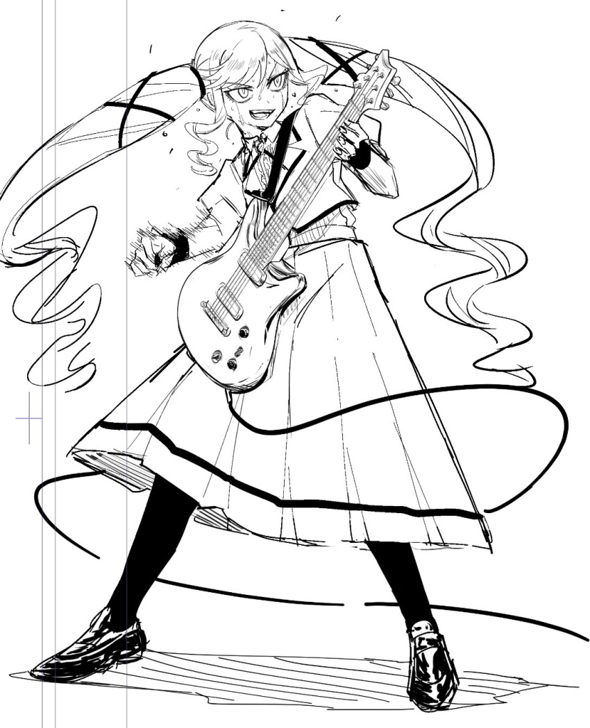 1girl, aoki_shizumi, collared_shirt, commentary_request, electric_guitar, greyscale, guitar, highres