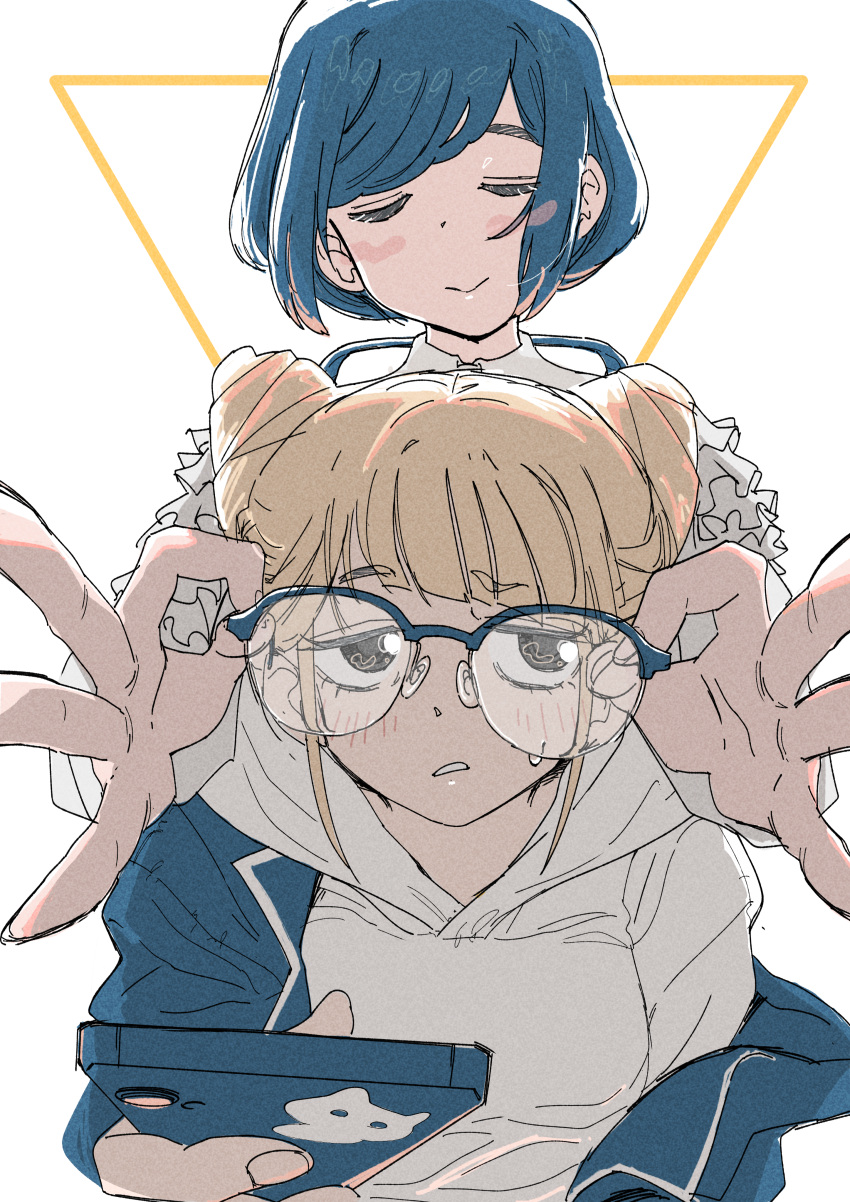 2girls, absurdres, behind_another, bespectacled, blunt_bangs, closed_eyes, closed_mouth, commentary_request, cone_hair_bun, double_bun, double_ok_sign, dressing_another, frilled_shirt, frilled_sleeves, frills, fukurai_azami, glasses, hair_bun, highres, hirameki_(hirahirameki), holding, holding_phone, holding_removed_eyewear, hood, hood_down, limited_palette, long_sleeves, multiple_girls, off_shoulder, ok_sign, phone, putting_on_eyewear, shirt, short_hair, simple_background, smile, sweatdrop, tomarigi_yasumi, toshi_densetsu_kaitai_center, unworn_eyewear, upper_body, white_background