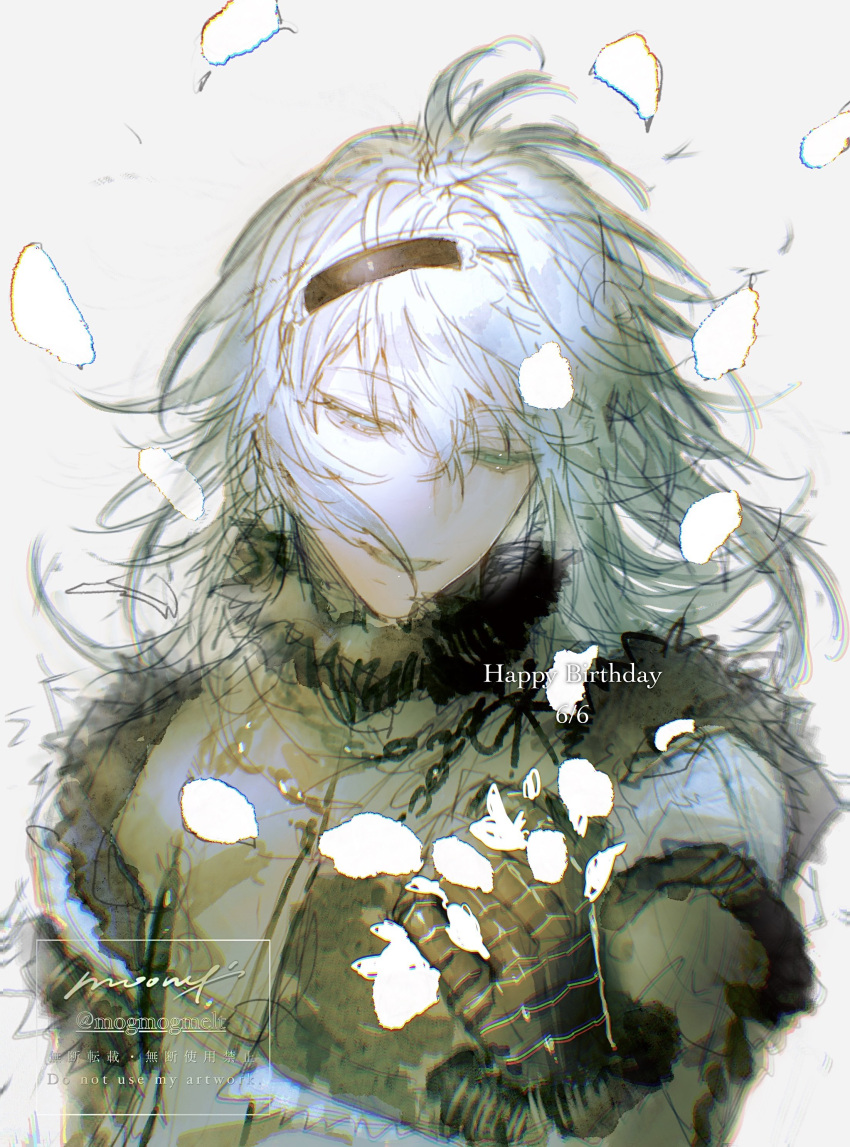 1boy, absurdres, commentary_request, falling_petals, fur-trimmed_jacket, fur_trim, grey_hair, half-closed_eyes, highres, jacket, long_hair, male_focus, moony_(mogmogmelt), nier, nier_(brother), nier_(brother)_(post_timeskip), nier_(series), petals, smile, solo, upper_body, watermark, white_petals