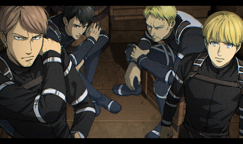 35ohama_yu, 4boys, beard, belt, black_hair, black_shirt, blonde_hair, blue_eyes