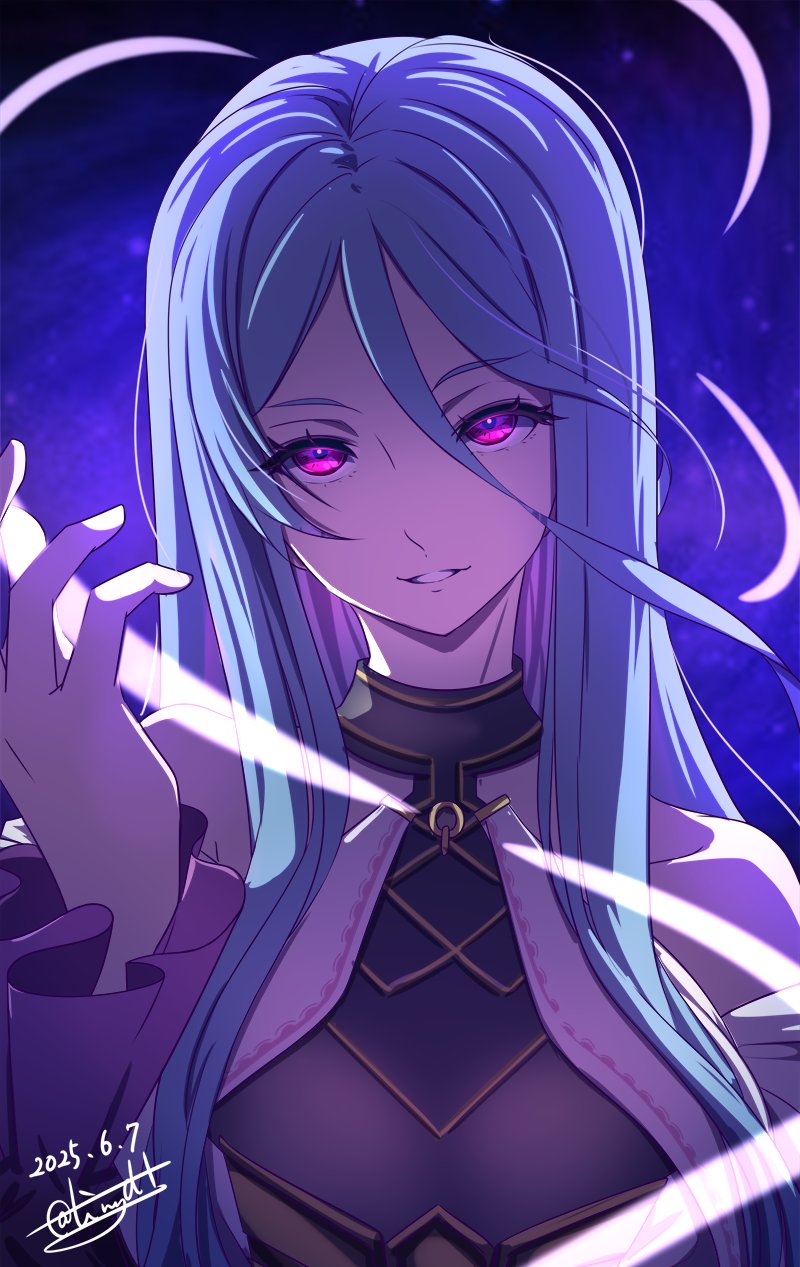 1girl, blue_background, blue_hair, commentary_request, dated, eiyuu_densetsu, eyelashes, grandmaster_(eiyuu_densetsu), hair_between_eyes, hajimari_no_kiseki, highres, long_hair, looking_at_viewer, parted_lips, pink_eyes, signature, smile, solo, tinybiard, upper_body