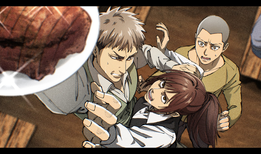 1girl, 2boys, 35ohama_yu, black_vest, brown_eyes, brown_hair, clenched_teeth, connie_springer