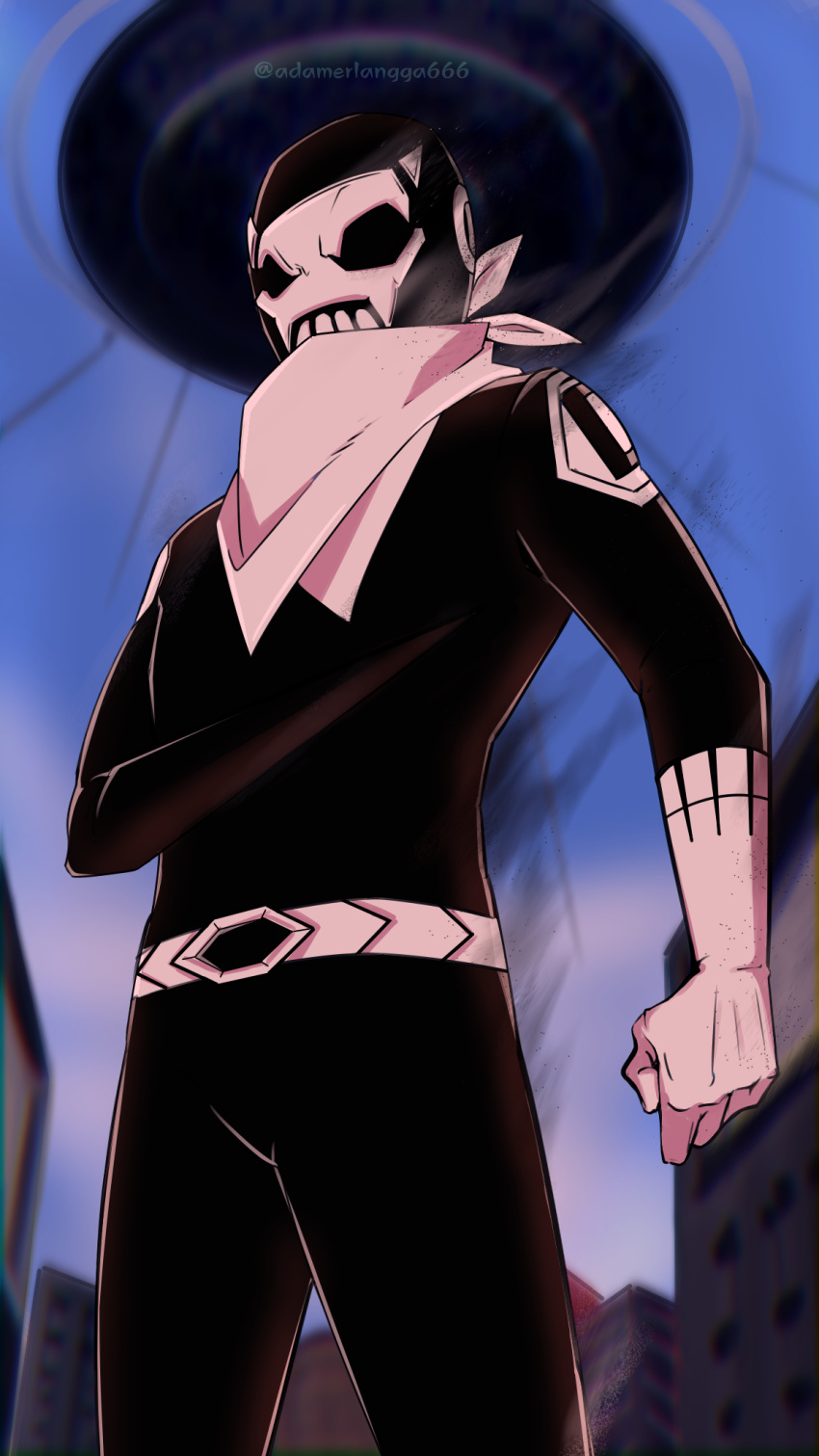1boy, adam_kang, bandana, bandana_around_neck, blade_arm, blurry, blurry_background, clenched_hand, day, gloves, highres, looking_at_viewer, male_focus, outdoors, sentai_daishikkaku, sentouin_d, solo, standing, twitter_username, white_bandana, white_gloves
