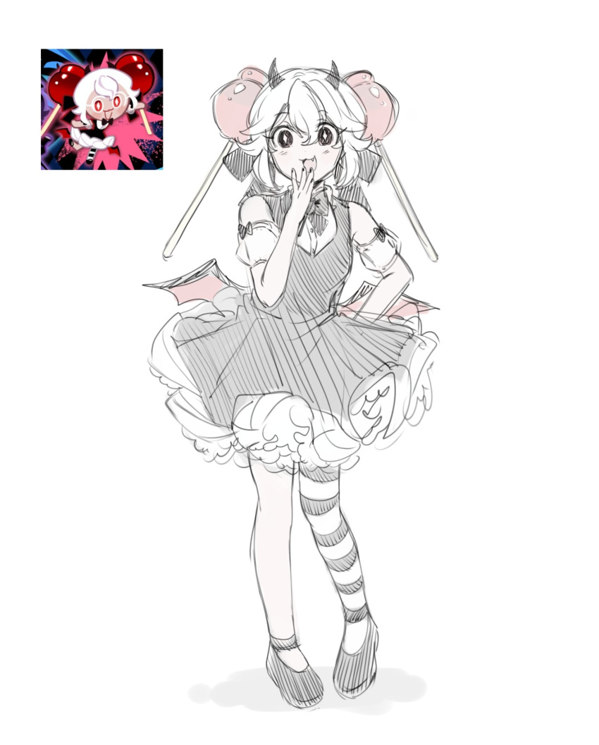 1girl, black_bow, black_bowtie, black_dress, bow, bowtie, candy_apple, candy_apple_cookie