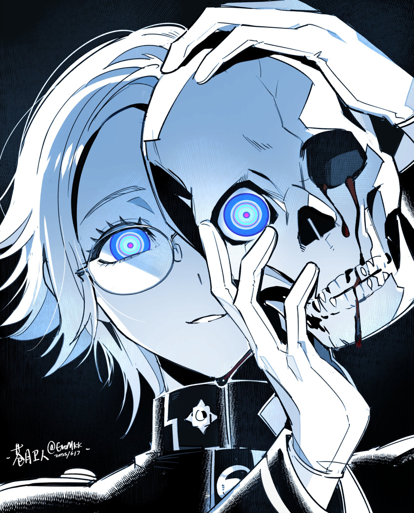 1boy, absurdres, aotsuki_eito, blood, blue_eyes, dated, eromkk, eyelashes