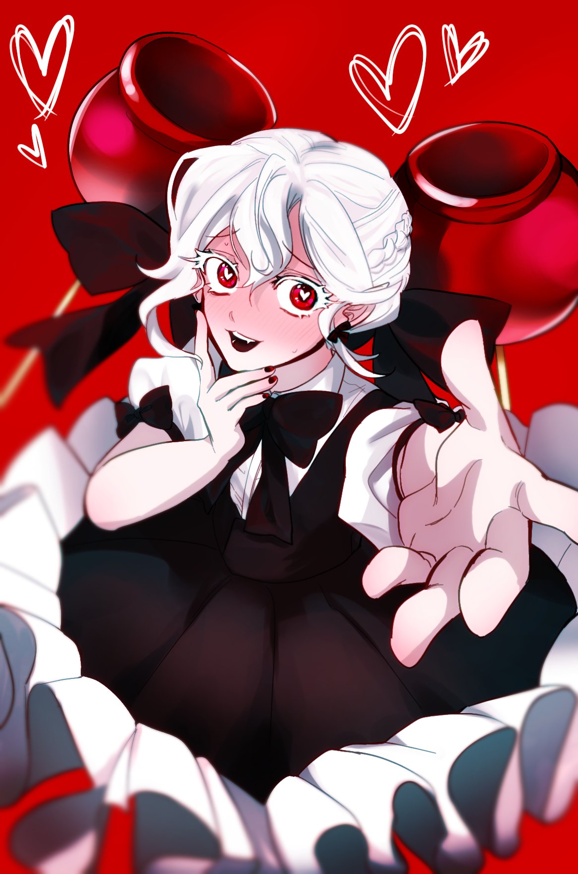 1girl, black_bow, black_bowtie, black_dress, bow, bowtie, buttercream9627, candy_apple, candy_apple_cookie, candy_apple_hair_ornament, commentary_request, cookie_run, cookie_run:_kingdom, dress, food, highres, humanization, korean_commentary, looking_at_viewer, open_mouth, puffy_sleeves, red_eyes, short_hair, simple_background, smile, white_hair