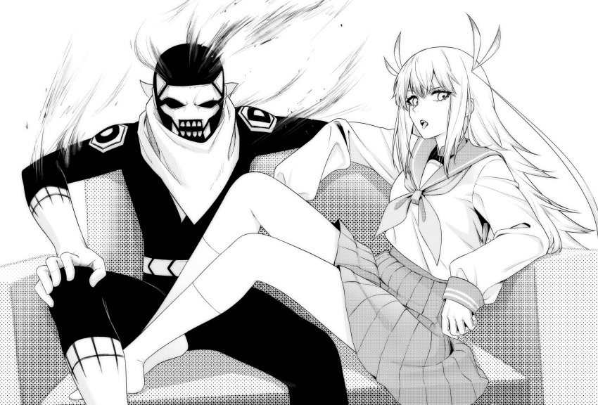 1boy, 1girl, absurdres, bandana, bandana_around_neck, chopchopguy, couch, greyscale, highres, hisui_kanon, long_hair, long_sleeves, looking_at_viewer, monochrome, neckerchief, on_couch, open_mouth, school_uniform, sentai_daishikkaku, sentouin_d, sitting, skirt, socks, white_background