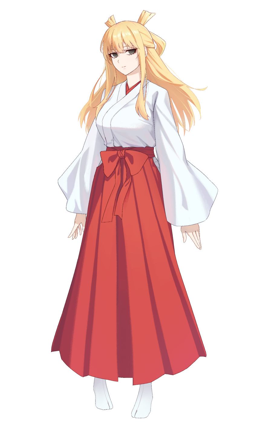 1girl, absurdres, black_eyes, blonde_hair, chopchopguy, full_body, hakama, highres