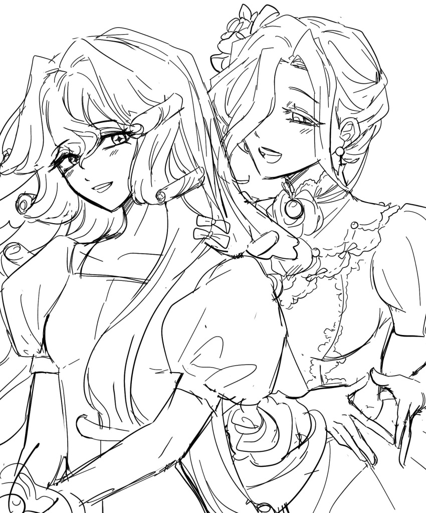 2girls, black_forest_cookie, bridal_veil, buttercream9627, cookie_run, cookie_run:_kingdom, cross-shaped_pupils, dress, hair_between_eyes, hair_intakes, highres, long_hair, looking_at_viewer, multiple_girls, puffy_short_sleeves, puffy_sleeves, short_sleeves, symbol-shaped_pupils, veil, wedding_cake_cookie, wedding_dress, white_dress, white_eyes