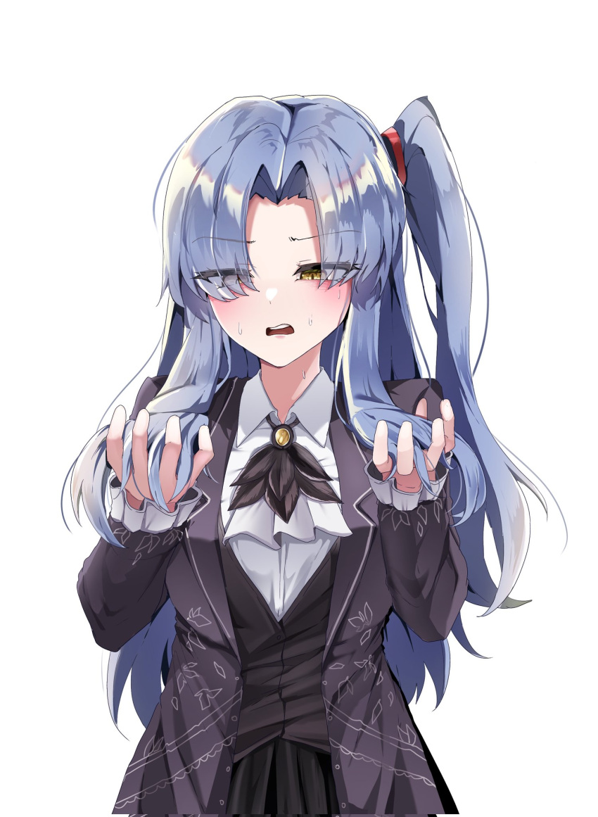 angela_(project_moon), black_necktie, black_skirt, black_vest, blue_hair, chanwoo, highres, jacket, library_of_ruina, looking_at_viewer, necktie, project_moon, purple_jacket, shirt, side_ponytail, simple_background, skirt, two-tone_necktie, vest, white_background, white_necktie, white_shirt, yellow_eyes