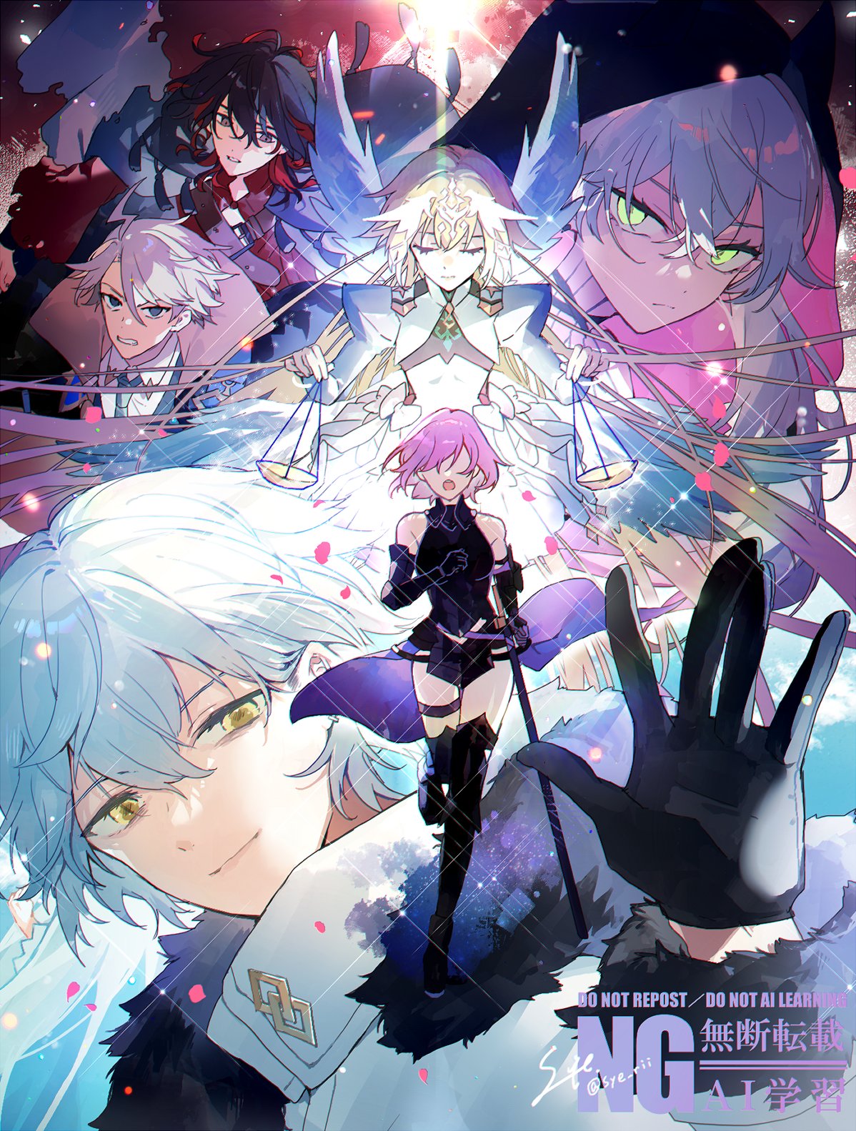 3boys, 3girls, black_gloves, black_hair, blonde_hair, dante_alighieri_(fate), fate/grand_order, fate_(series)