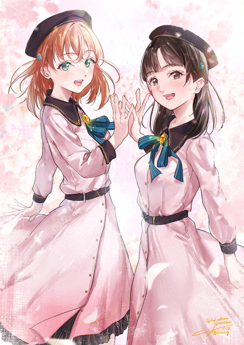 2girls, 4th_live_dream_~bloom_the_dream_believers~, :d, absurdres, animification, artist_name, beret, black_hat