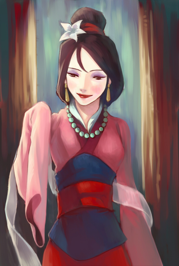1girl, black_hair, brown_eyes, chinese_clothes, dress, earrings, fa_mulan_(disney), hair_bun