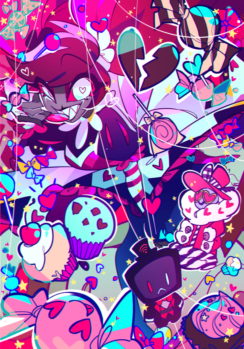 1girl, 2boys, ama0805, colored_sclera, demon_girl, dress, elbow_gloves, gloves