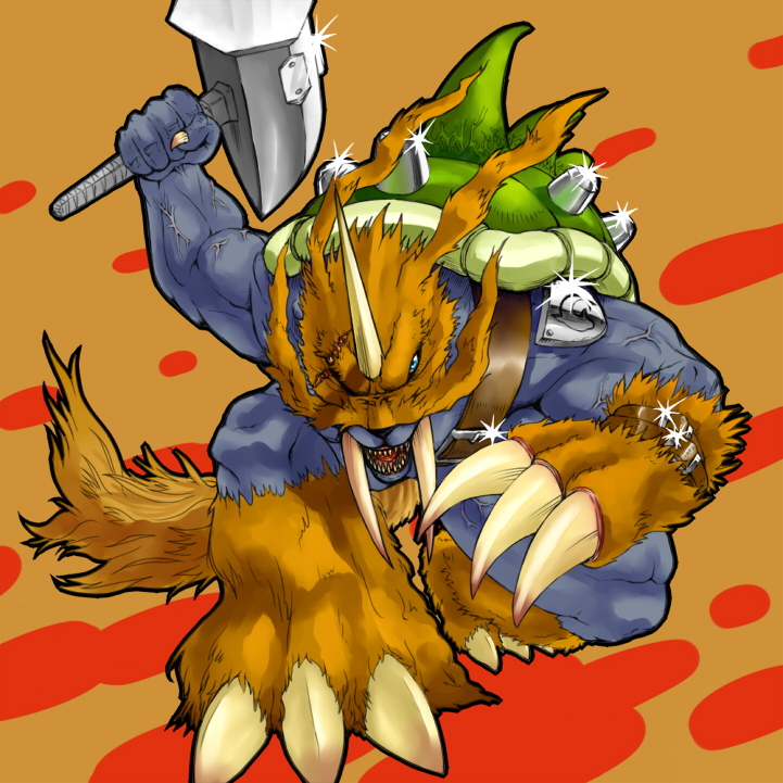 claws, digimon, digimon_adventure, gel_shu, hammer, injury, kneeling, muscle