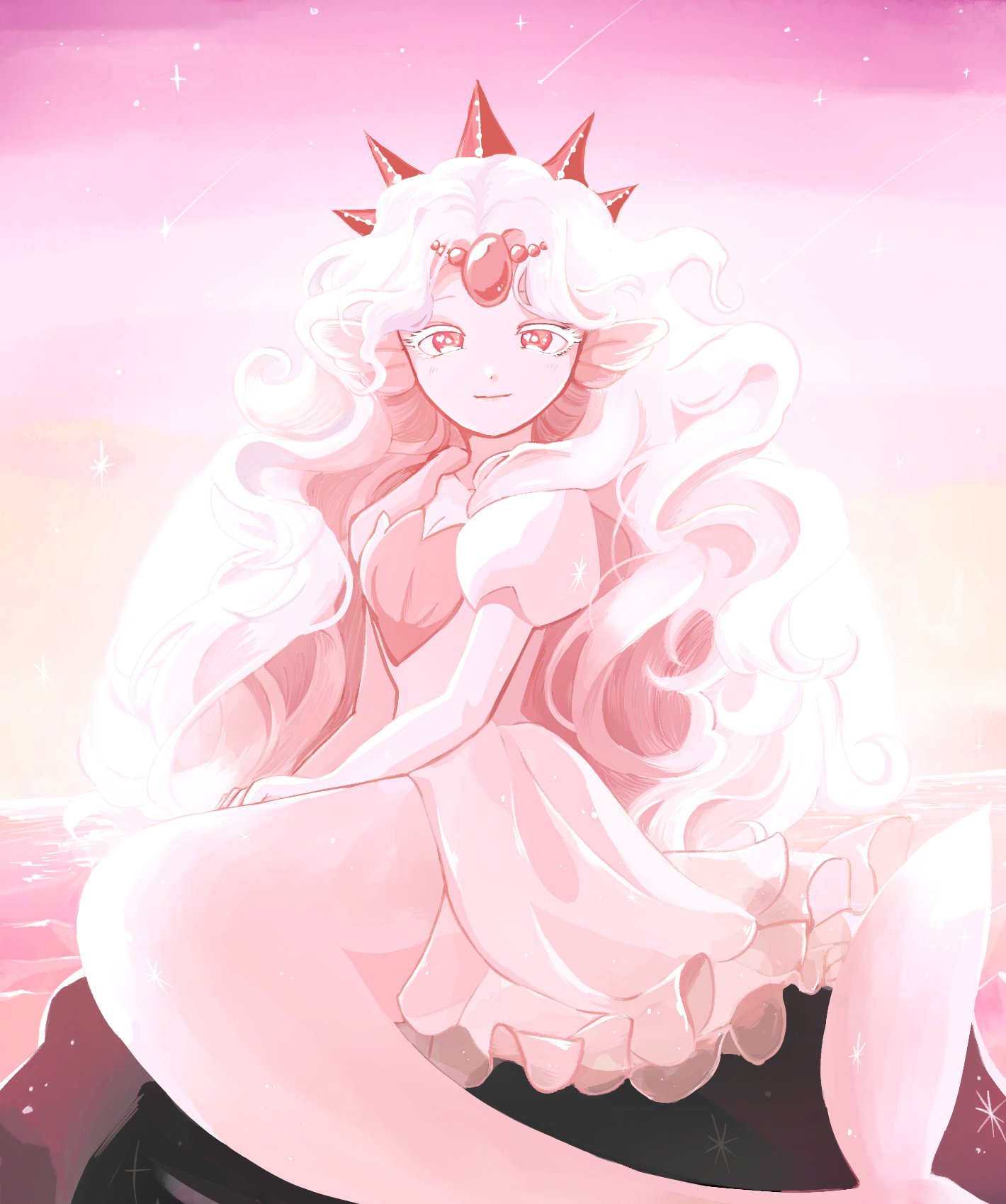 1girl, black_pearl_cookie, buttercream9627, colored_skin, cookie_run, cookie_run:_kingdom, curly_hair, dress, elbow_gloves, fins, gem, gloves, head_fins, highres, humanization, light_persona, long_hair, looking_at_viewer, mermaid, monster_girl, multiple_girls, pearl_(gemstone), pink_eyes, puffy_sleeves, smile, solo, tiara, very_long_hair, white_hair, white_pearl_cookie