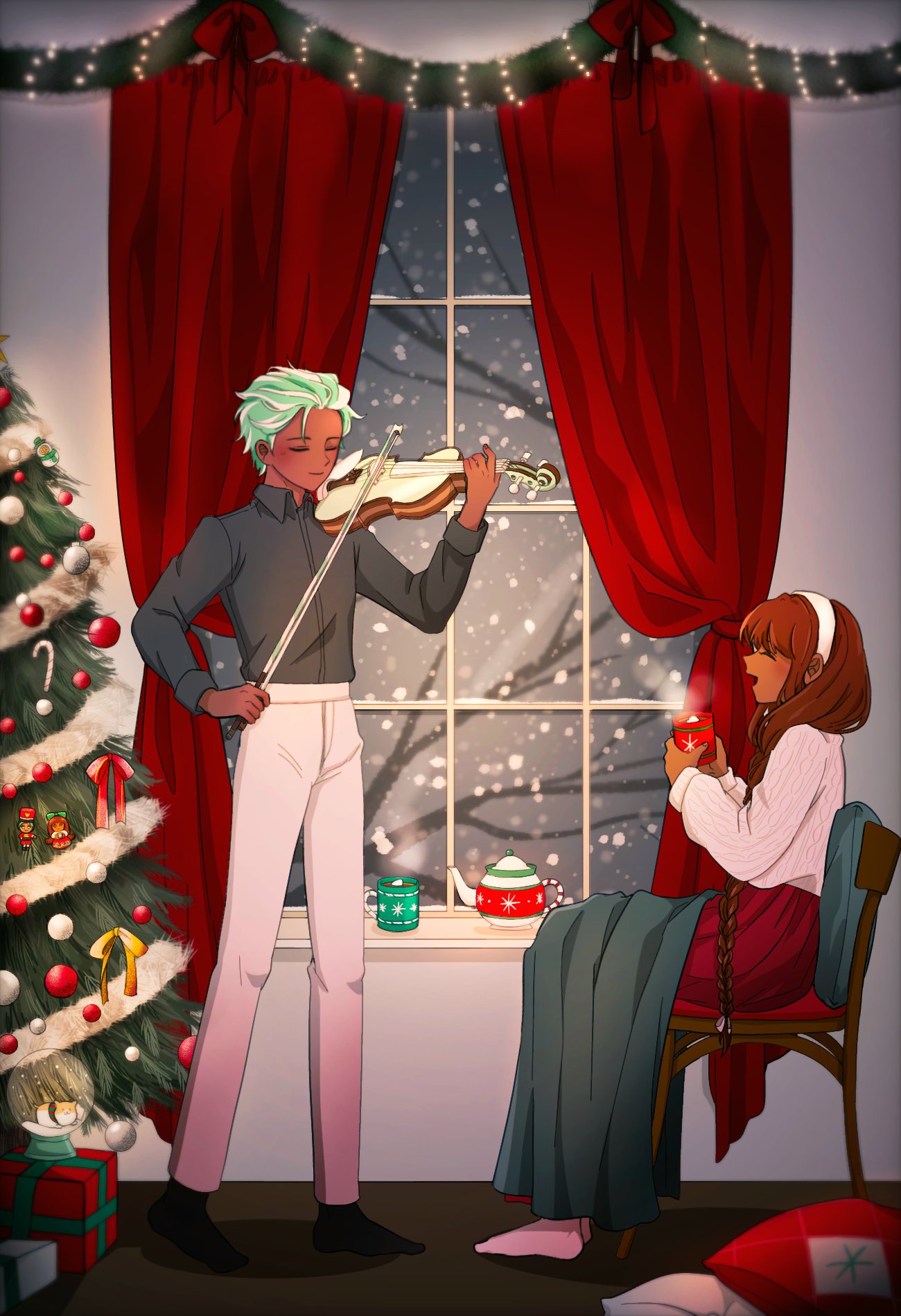 1girl, alternate_skin_color, brown_hair, buttercream9627, christmas, christmas_tree, closed_eyes, cocoa_cookie