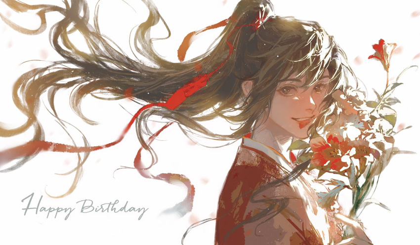 1boy, alternate_costume, black_hair, bouquet, brown_eyes, brown_hair, chinese_clothes, falling_petals, floating_hair, flower, from_side, hair_ribbon, hanfu, happy_birthday, highres, holding, holding_flower, keru233, long_hair, looking_at_viewer, male_focus, modao_zushi, open_mouth, petals, ponytail, red_flower, red_hanfu, red_ribbon, ribbon, sidelighting, sidelocks, simple_background, smile, solo, teeth, upper_body, wei_wuxian, white_background, wind