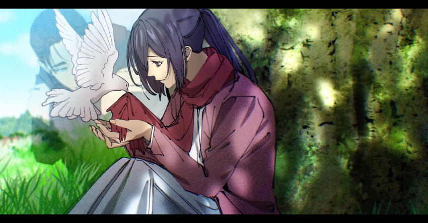 1boy, 1girl, 35ohama_yu, bird, black_border, blue_eyes, blue_hair, blue_skirt