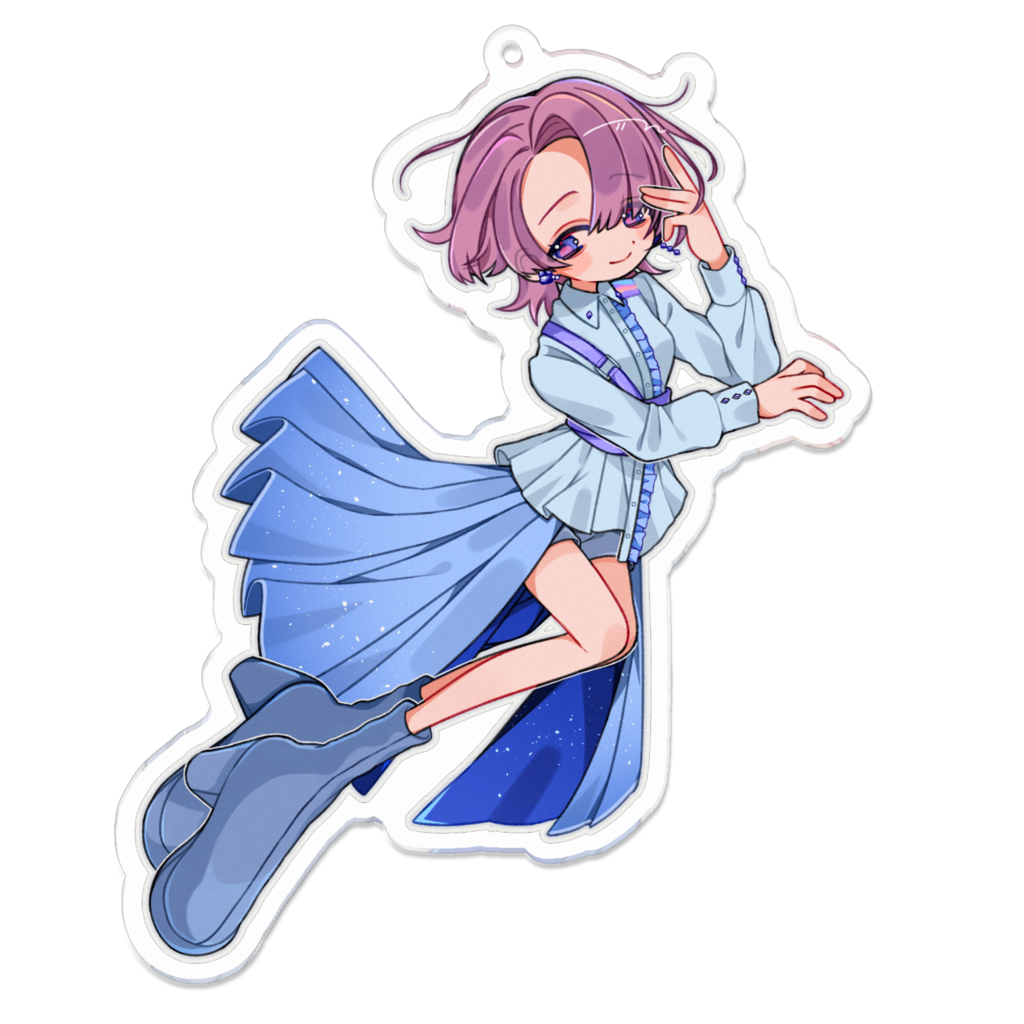 1girl, alpha_transparency, arimura_mao, asymmetrical_bangs, blue_skirt, boots, closed_mouth, full_body