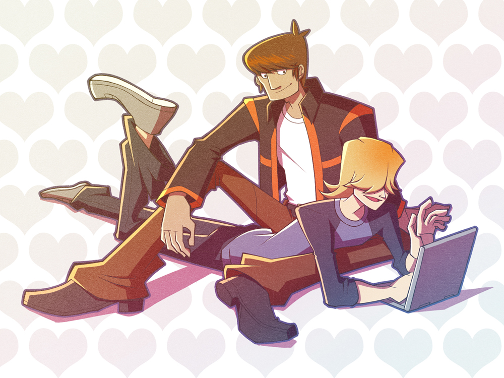 2boys, black_jacket, black_pants, black_shoes, blonde_hair, blue_shirt, brown_hair, brown_pants