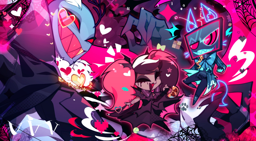 1girl, 2boys, ama0805, black_cape, black_dress, cape, coat, colored_skin