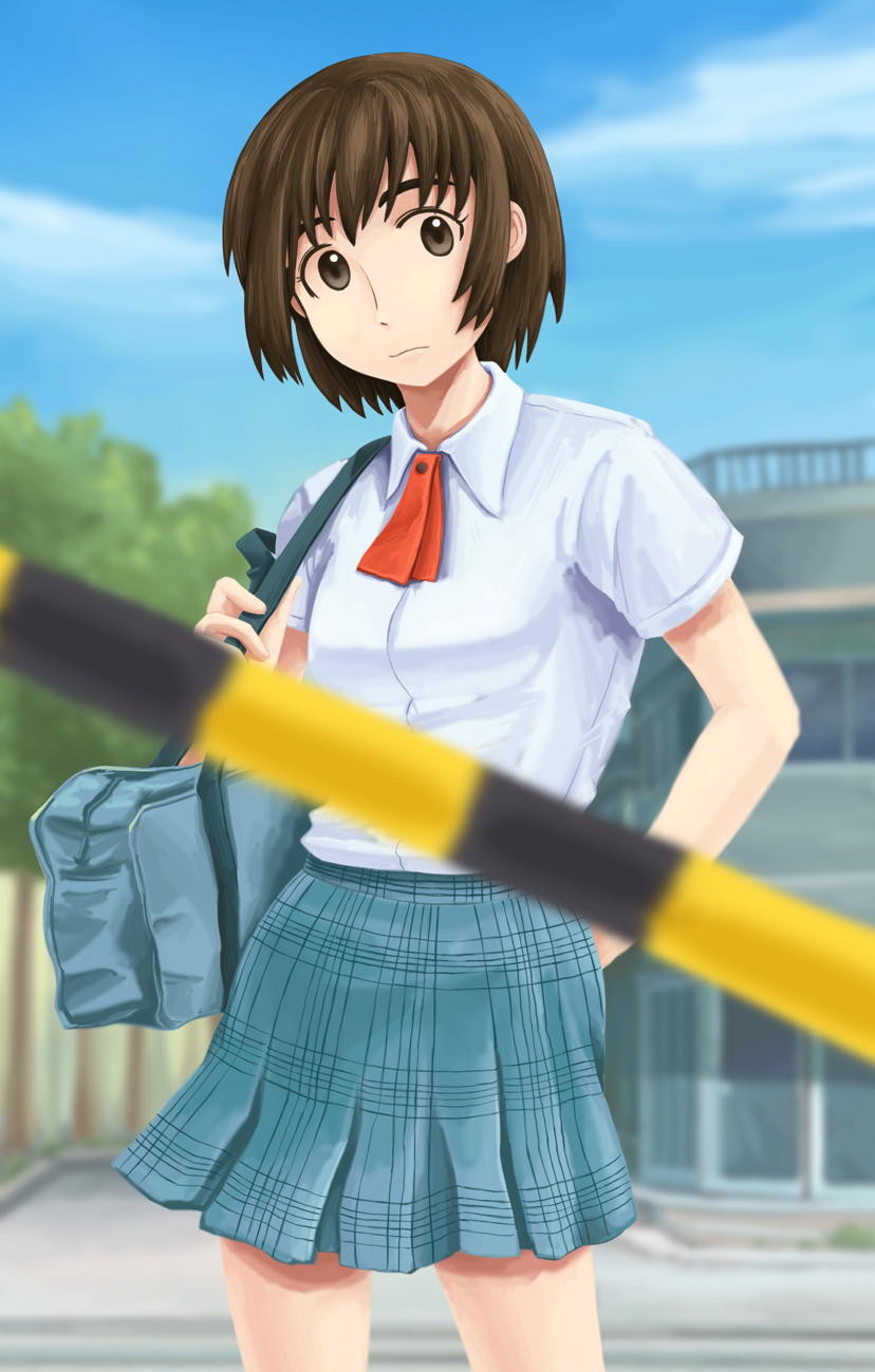bag, bob_cut, brown_eyes, brown_hair, hand_in_pocket, highres, marsh_(artist), school_bag
