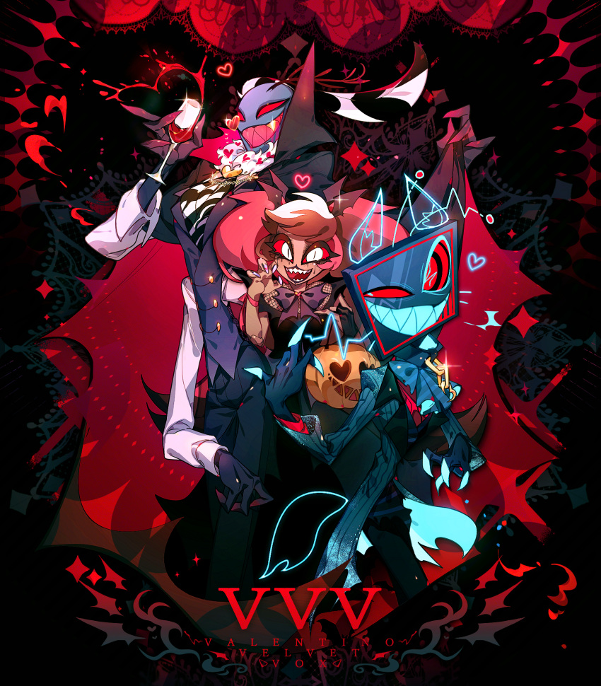 1girl, 2boys, ama0805, black_cape, black_dress, cape, coat, colored_skin