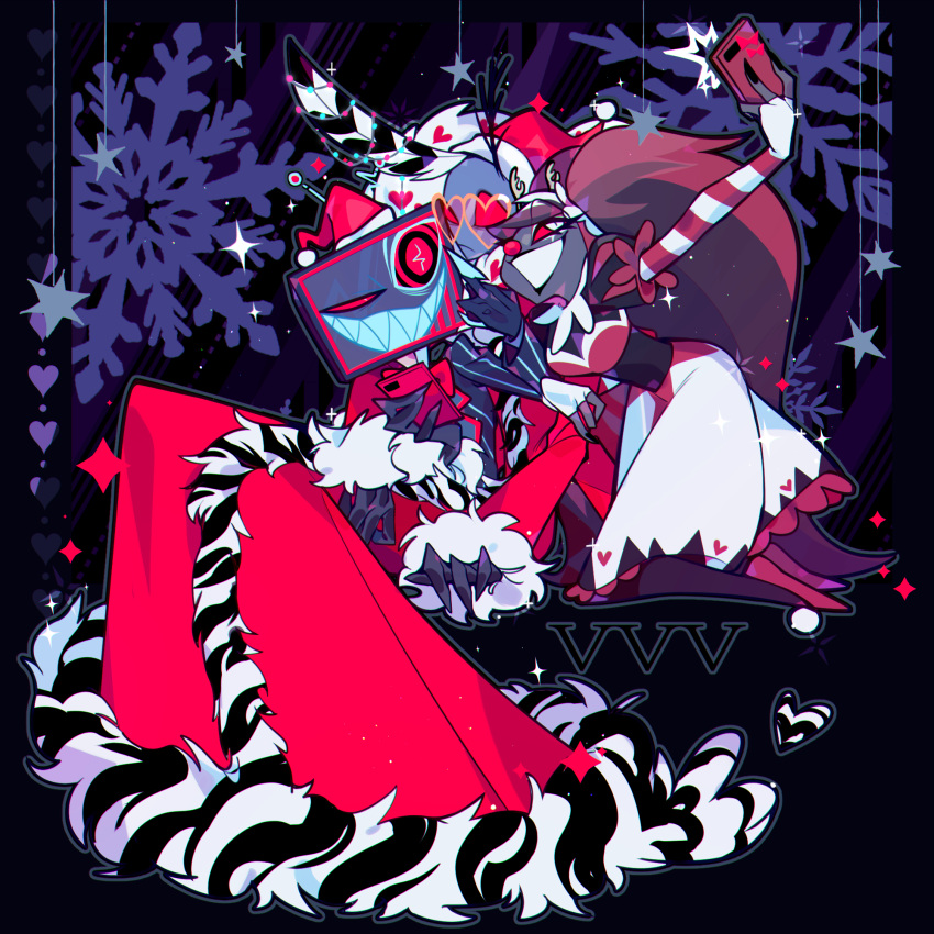 1girl, 2boys, ama0805, coat, colored_skin, demon_boy, dress, fur-trimmed_coat, fur_trim, hazbin_hotel, heart, heart-shaped_eyewear, highres, multiple_boys, pink_coat, pink_dress, purple_skin, red_eyes, sharp_teeth, teeth, twintails, valentino_(hazbin_hotel), velvette_(hazbin_hotel), vox_(hazbin_hotel)