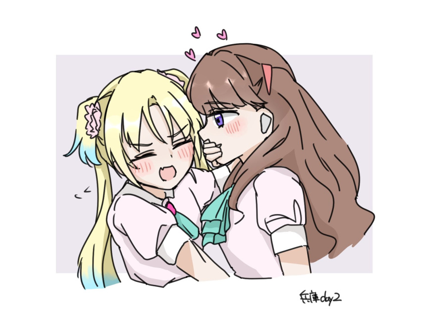 2girls, 4th_live_dream_~bloom_the_dream_believers~, :d, aqua_ascot, ascot, blonde_hair, blue_hair, border