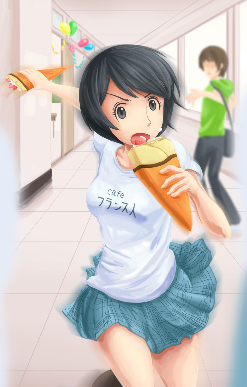 black_hair, clothes_writing, clothing_writing, crepe, eating, food, food_on_face, highres, hiwatari, marsh_(artist), open_mouth, running, short_hair, skirt, t-shirt, yotsubato!