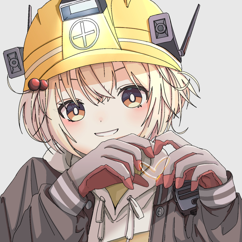 1girl, black_jacket, blonde_hair, commentary, cosmos_34, four-finger_heart_hands, gloves, goddess_of_victory:_nikke