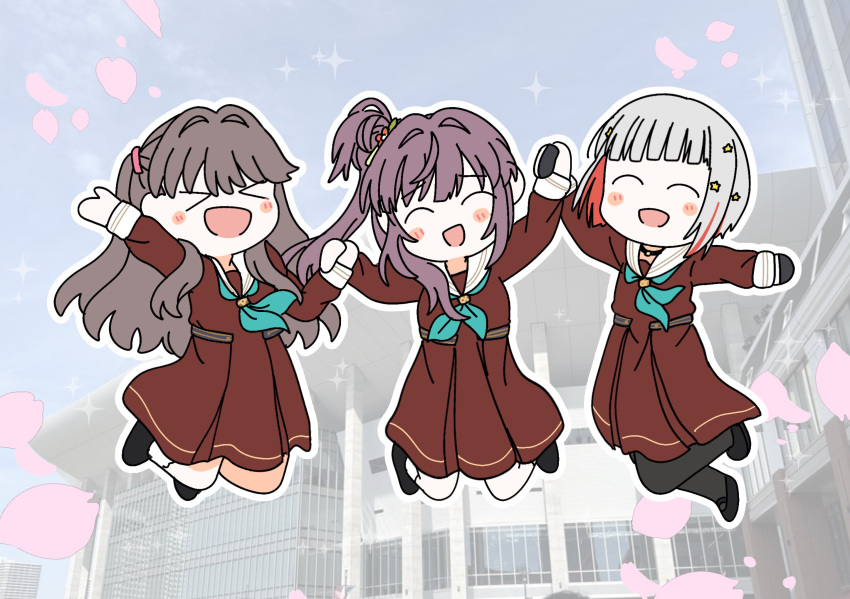 >_<, 3girls, :d, aqua_neckerchief, arms_up, black_gloves, black_pantyhose, black_shoes