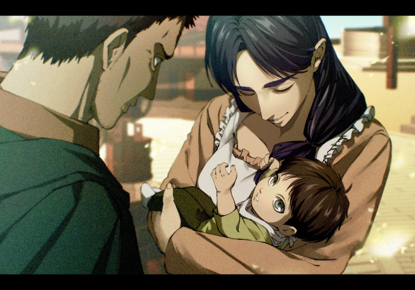 1girl, 2boys, 35ohama_yu, apron, baby, black_border, black_hair, border
