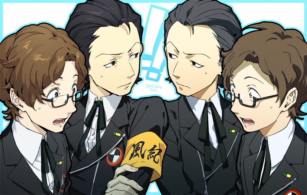4boys, black_jacket, brown_hair, closed_mouth, dual_persona, grey_hair, hiraga_keisuke, jacket