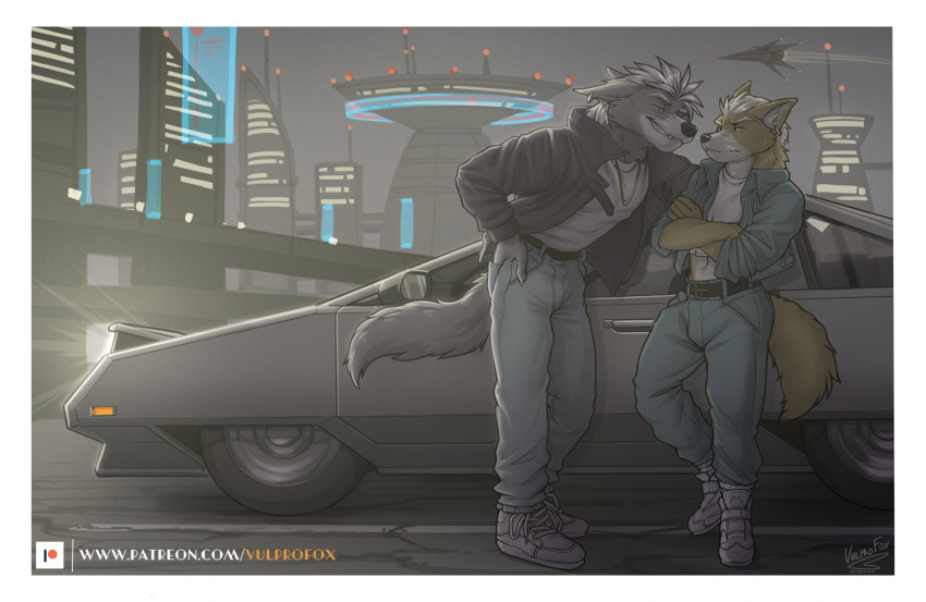 2boys, a_fox_in_space, animal_ears, artist_name, arwing, black_jacket, blue_jacket, claws, closed_mouth, crossed_arms, dated, denim, english_commentary, fox_boy, fox_ears, fox_mccloud, fox_tail, furry, furry_male, highres, jacket, looking_at_another, male_focus, multiple_boys, smile, star_fox, tail, vulprofox, whiskers, wolf_boy, wolf_ears, wolf_o'donnell, wolf_tail