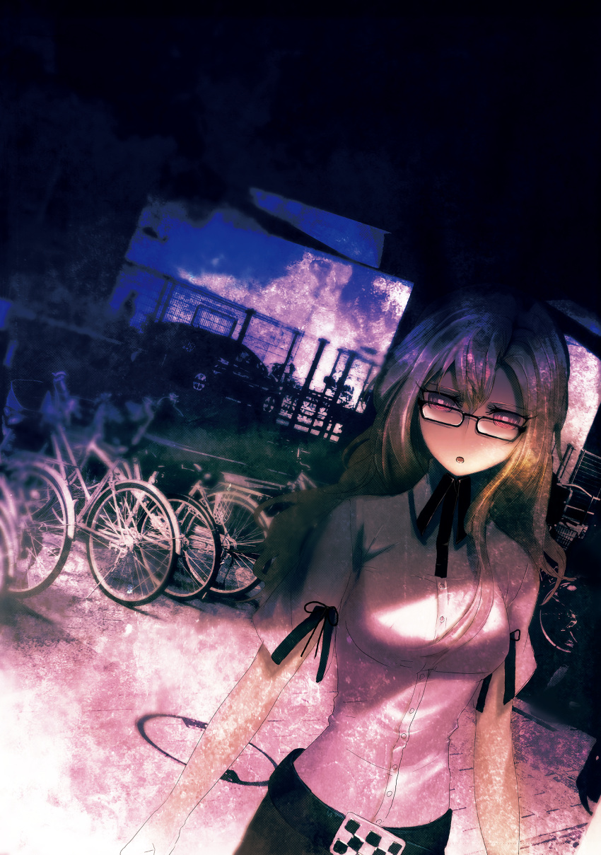 1girl, absurdres, belt, bicycle, black_belt, black_ribbon, black_trim, blonde_hair