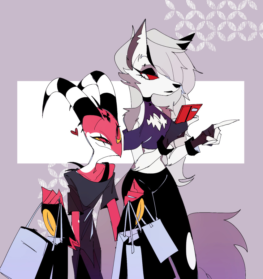 1boy, 1girl, ama0805, blitzo_(helluva_boss), crop_top, demon_boy, demon_girl, demon_horns