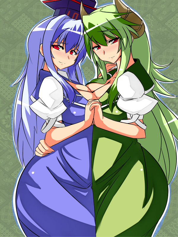 blue_hair, breast_press, breasts, cleavage, dual_persona, ex-keine, green_hair, hand_holding