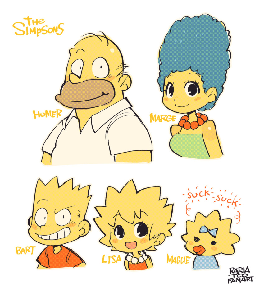 2boys, 3girls, animification, baby, bald, bart_simpson, blonde_hair, blue_hair