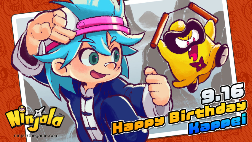 2boys, alternate_costume, backwards_hat, baseball_cap, birthday, black_shoes, blue_pants, blue_shirt