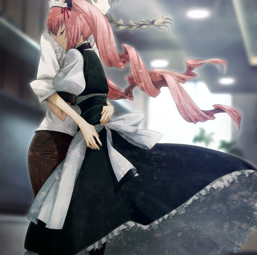 2girls, aged_up, akiha_rumiho, alternate_costume, alternate_height, amane_suzuha, animal_ear_hairband, animal_ears, apron, arms_around_waist, back_bow, belt_around_waist, belt_buckle, black_skirt, blurry, blurry_background, bow, braid, brown_hair, brown_pants, buckle, cat_ears, closed_eyes, closed_mouth, collar, dress, drill_hair, eyelashes, eyes_out_of_frame, fake_animal_ears, fingernails, floating_hair, frilled_collar, frilled_dress, frilled_hairband, frilled_skirt, frills, game_cg, hair_between_eyes, hairband, head_out_of_frame, height_difference, highres, hug, huke, leaning_on_person, long_hair, long_skirt, maid, maid_apron, maid_headdress, mayqueen_maid_uniform, multiple_girls, non-web_source, official_art, pants, pink_hair, pink_lips, puffy_short_sleeves, puffy_sleeves, red_ribbon, ribbon, ribbon-trimmed_collar, ribbon-trimmed_corset, ribbon-trimmed_hairband, ribbon-trimmed_sleeves, ribbon_trim, shiny_lips, shirt, short_sleeves, skirt, sleeves_rolled_up, smile, steins;gate, steins;gate:_linear_bounded_phenogram, tsurime, twin_braids, twin_drills, twintails, upskirt, white_apron, white_bow, white_dress, white_shirt, wrist_cuffs