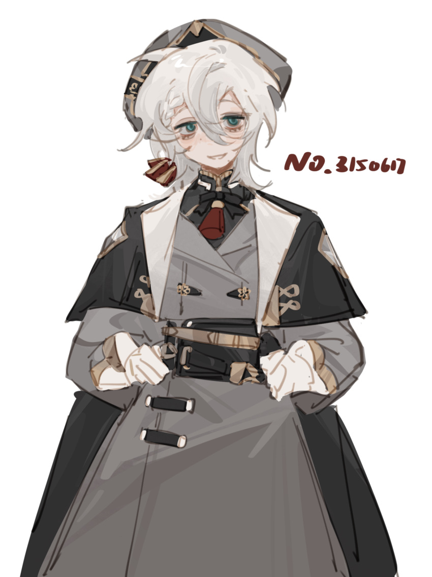 1043933814, 1girl, aqua_eyes, bags_under_eyes, belt, beret, black_belt, black_bow