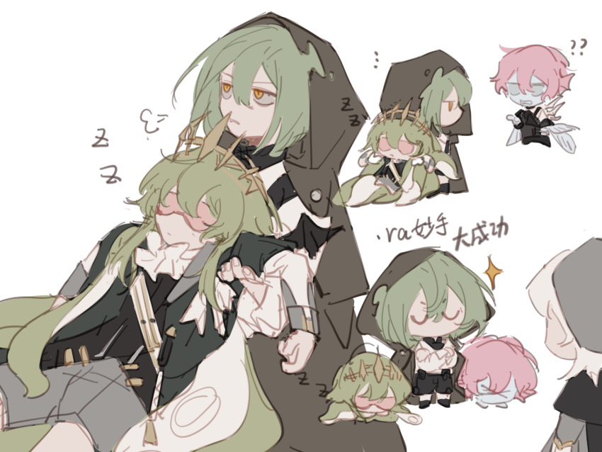 >_<, ..., 1043933814, 1girl, 3boys, ?, ??, ascot