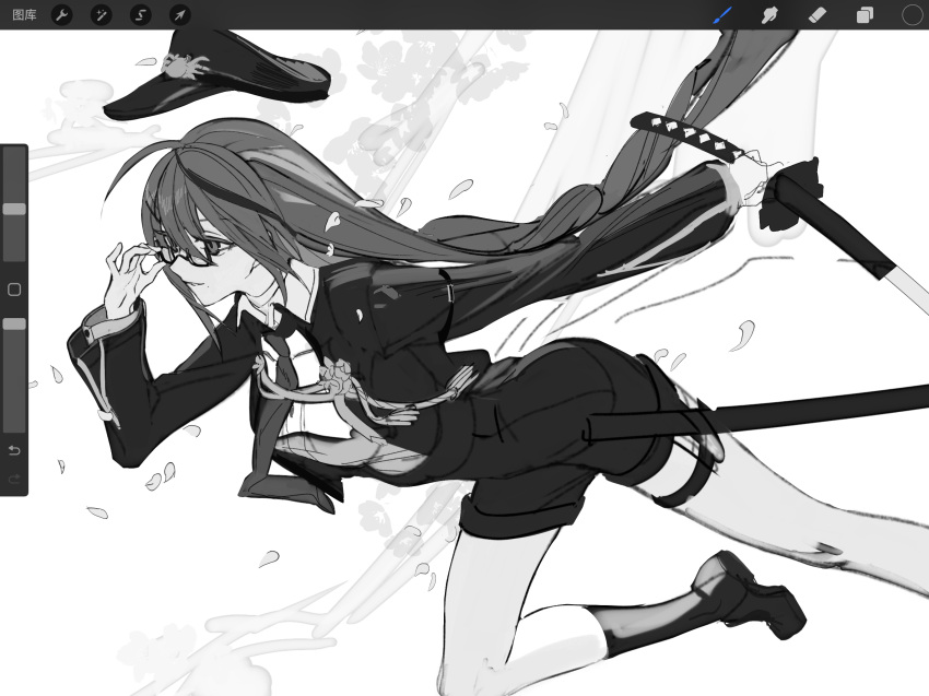 1girl, adjusting_eyewear, ahoge, akafuyu_(arknights), akafuyu_(temperament)_(arknights), arknights, art_program_in_frame, breasts