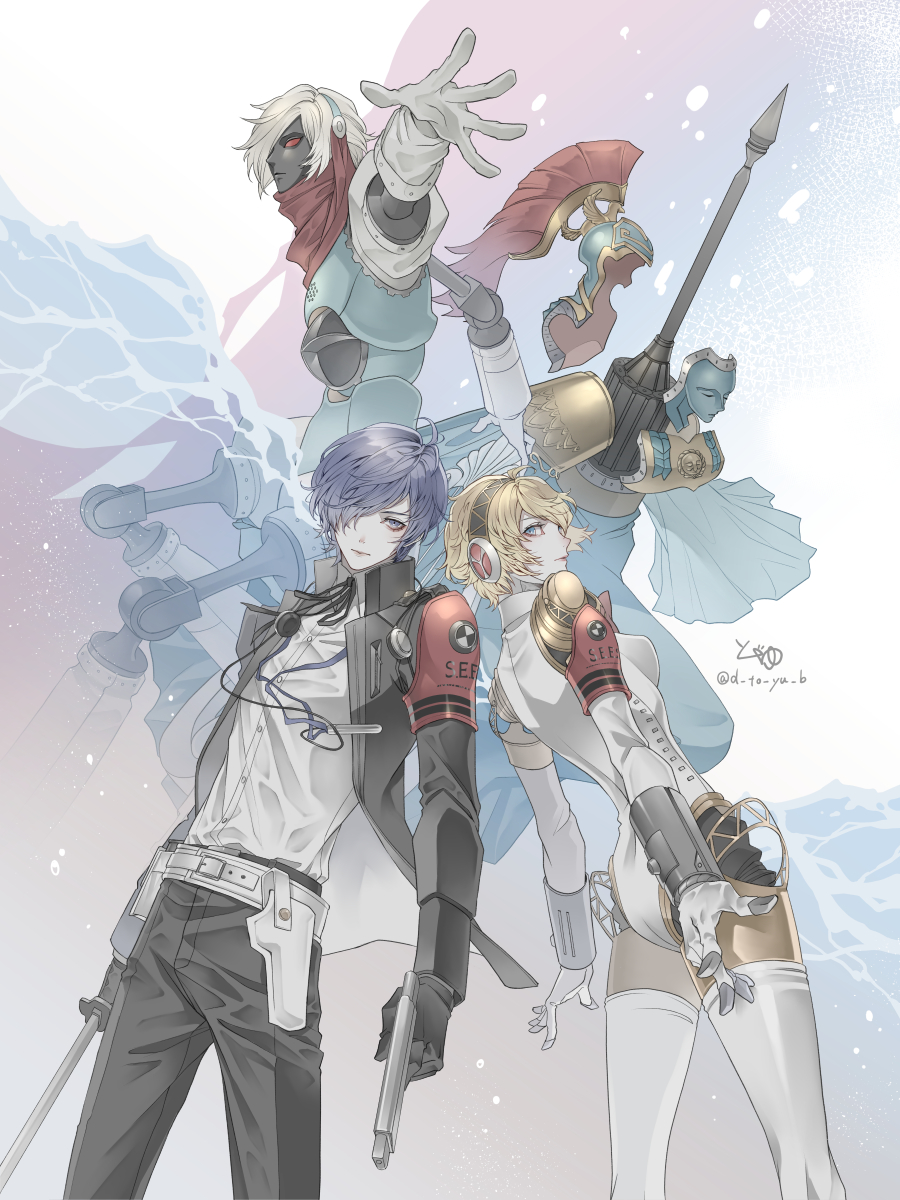 1boy, 1girl, aigis_(persona), black_gloves, blonde_hair, blue_hair, breasts, closed_mouth