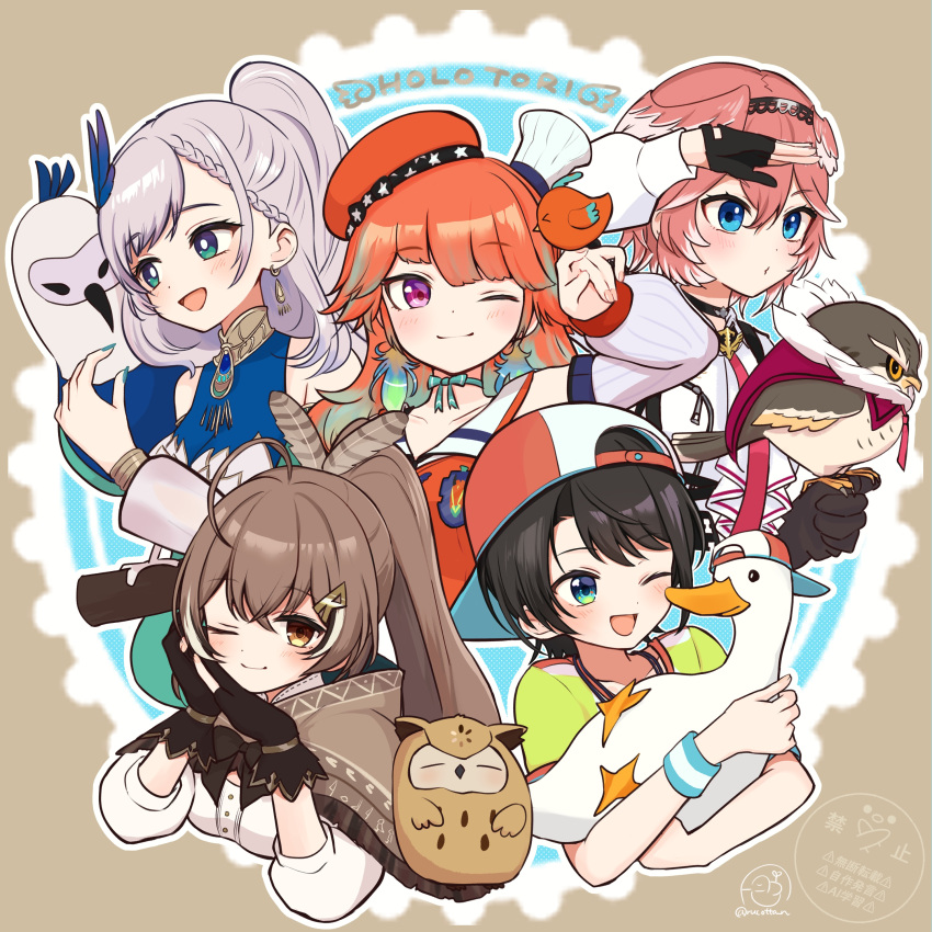 :d, absurdres, ahoge, aqua_eyes, aqua_hair, backwards_hat, beret, bird