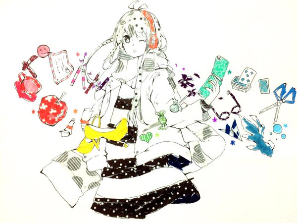 1girl, antenna_hair, apple, asagi_kino, black_dress, brown_eyes, candy, card, commentary_request, cropped_torso, cup, dress, floating, floating_object, food, fruit, glasses, hand_up, headphones, high_heels, holding, holding_phone, horizontal-striped_clothes, horizontal-striped_dress, jacket, long_sidelocks, masking_tape_(medium), mixed_media, one_eye_closed, paint_tube, paper_airplane, phone, playing_card, rainbow_order, scarf, scissors, shoes, sidelocks, single_sidelock, solo, striped_clothes, striped_dress, strobe_last_(vocaloid), teacup, traditional_media, two-tone_dress, unconventional_media, unworn_shoes, white_dress, white_hair, white_jacket, white_scarf, yellow_shoes