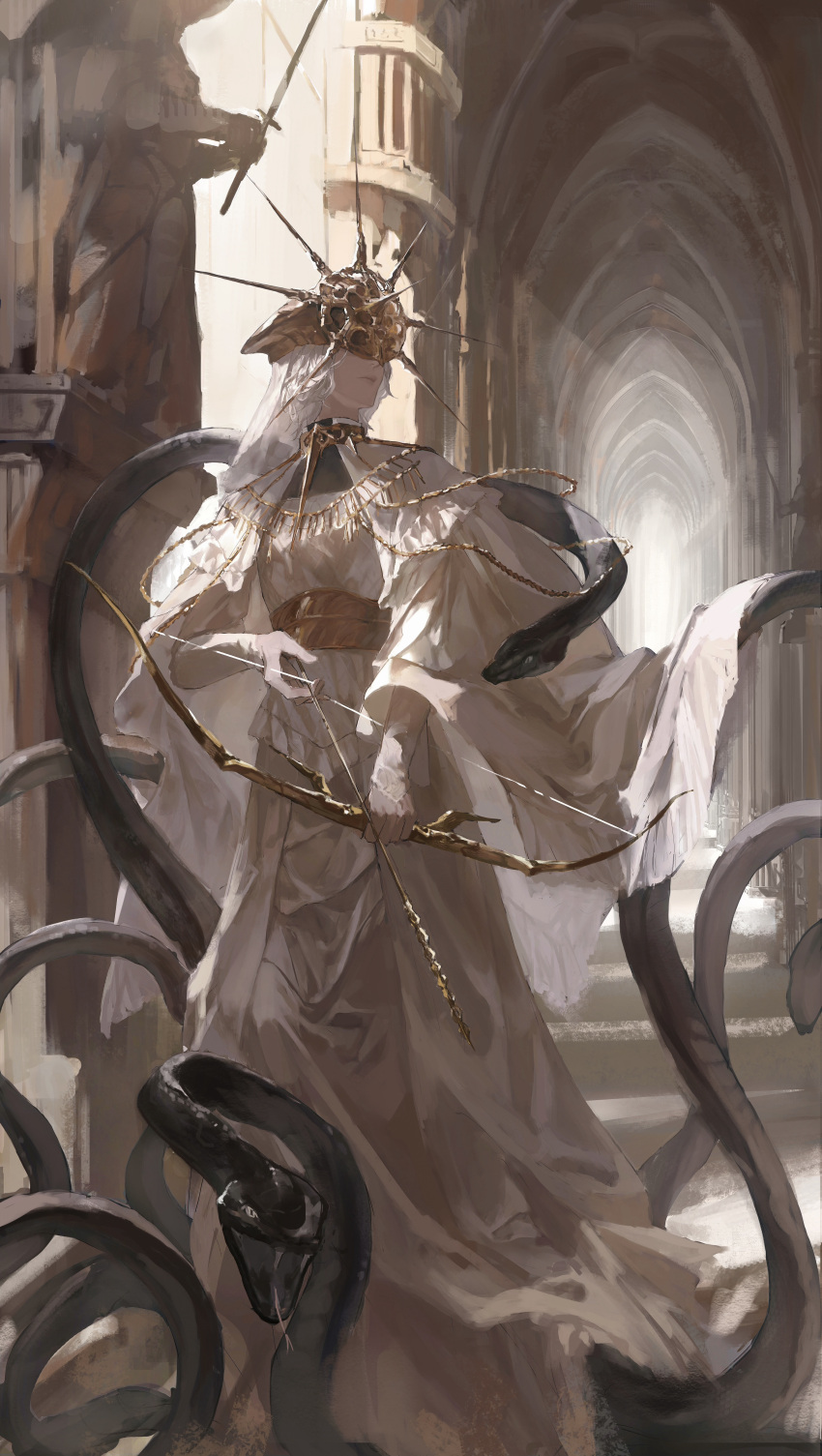 1boy, absurdres, aiguillette, androgynous, arrow_(projectile), black_snake, bow_(weapon), cape
