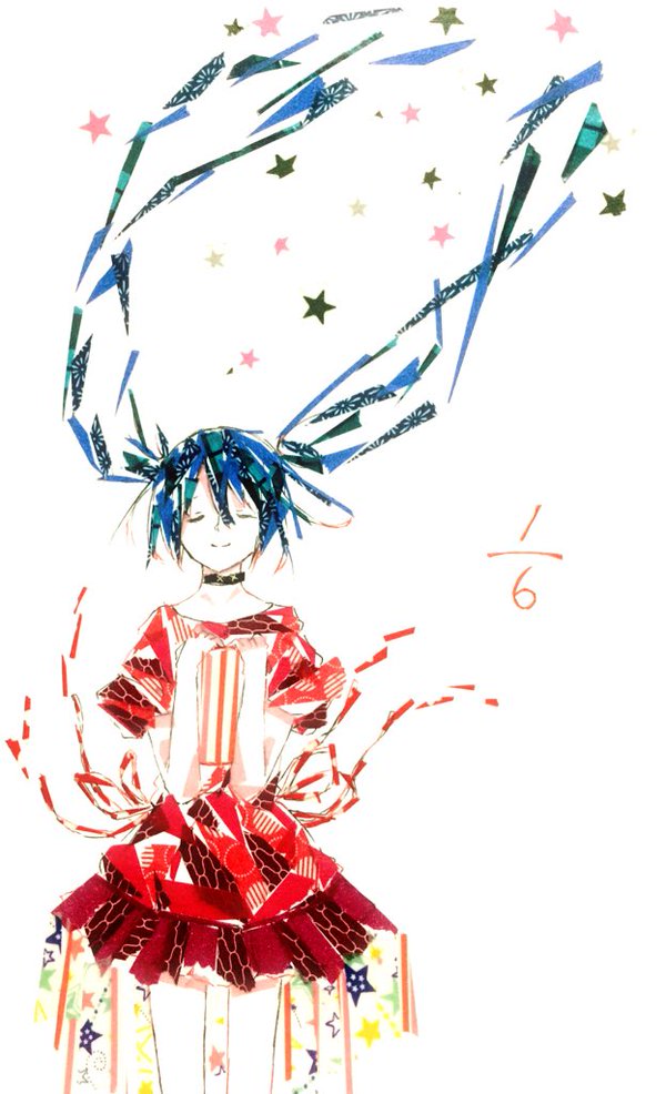 1/6_-out_of_the_gravity-_(vocaloid), asagi_kino, back_ribbon, black_choker, blue_hair, choker, closed_eyes, closed_mouth, commentary_request, cowboy_shot, dress, floating_hair, hair_between_eyes, hands_up, hatsune_miku, holding, masking_tape_(medium), miniskirt, red_dress, red_ribbon, red_shirt, ribbon, shirt, short_sleeves, sidelocks, skirt, split_mouth, star_(symbol), twintails, unconventional_media, vocaloid, white_background